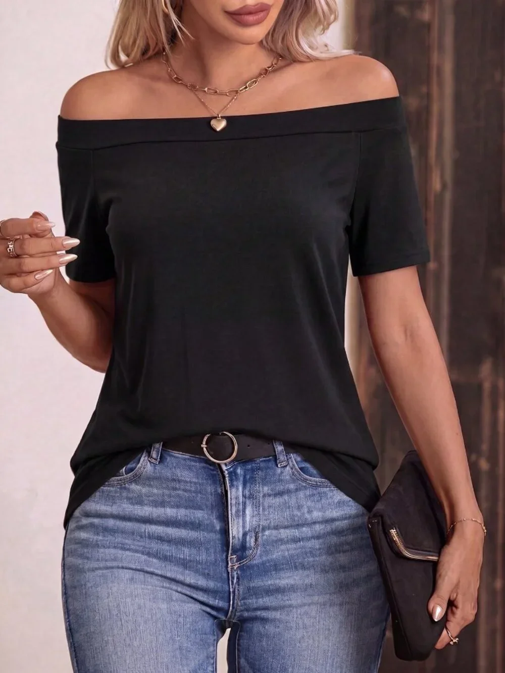 Black Casual Women's Off Neckline Short Sleeve T-Shirt